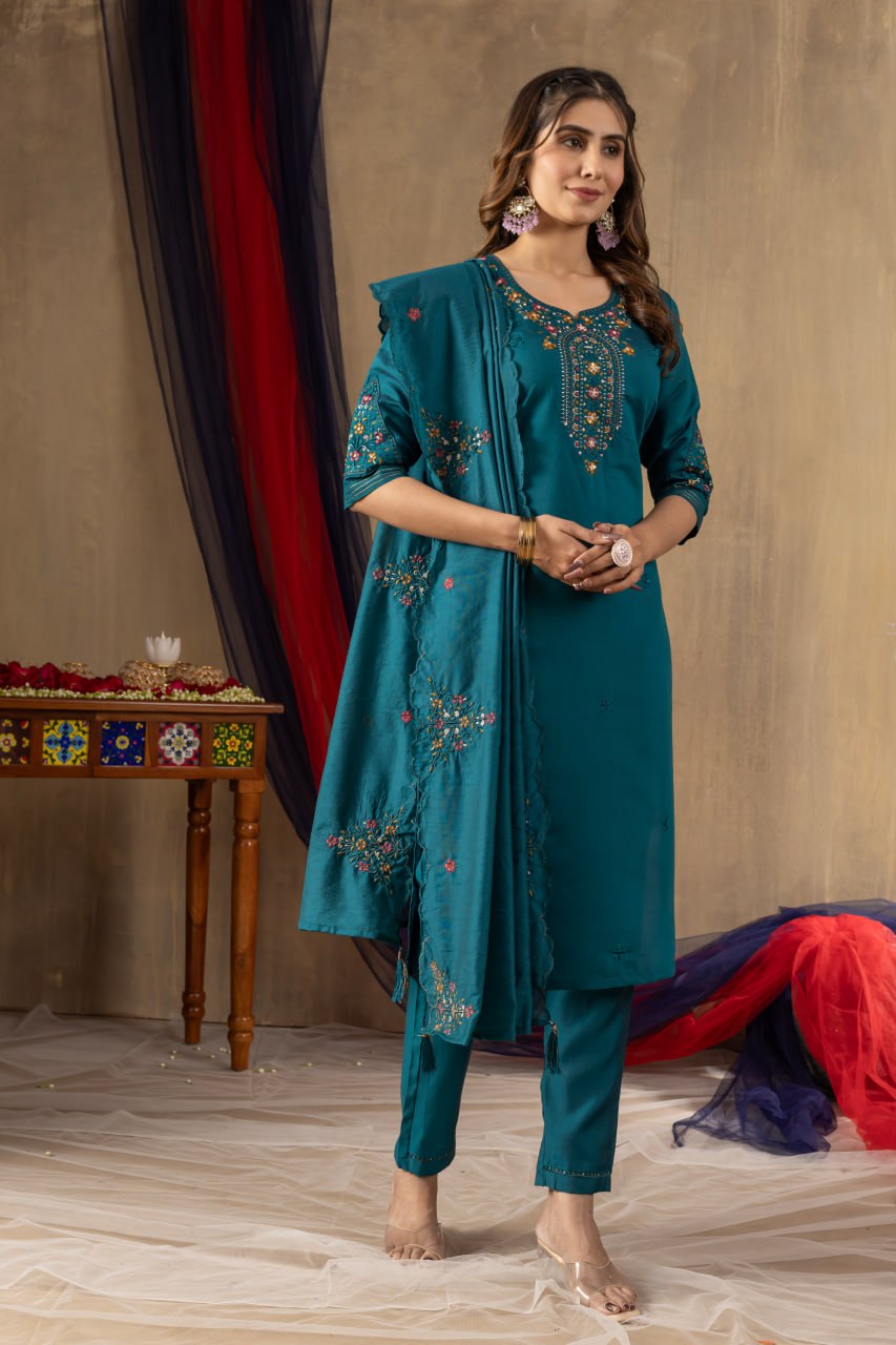 Rama Color Embroidery Thread Work Designer Salwar Suit