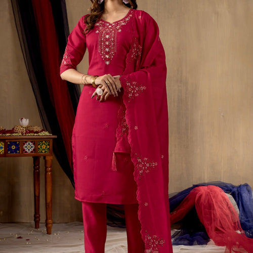 Rani Pink Color Embroidery Thread Work Designer Salwar Suit
