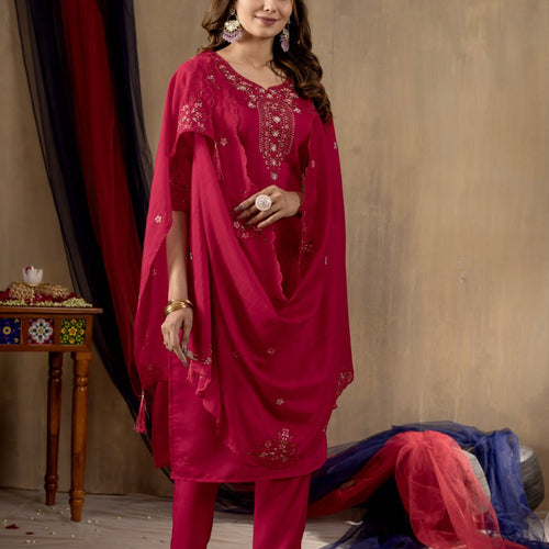 Rani Pink Color Embroidery Thread Work Designer Salwar Suit
