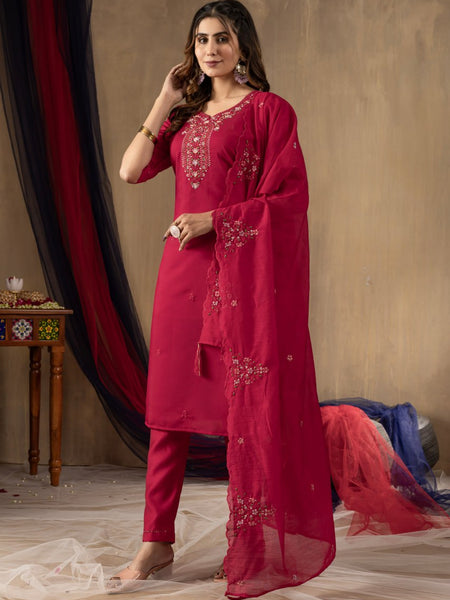 Rani Pink Color Embroidery Thread Work Designer Salwar Suit