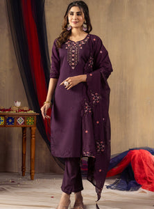 Wine Color Embroidery Thread Work Designer Salwar Suit