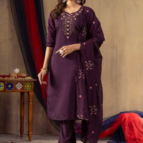 Wine Color Embroidery Thread Work Designer Salwar Suit