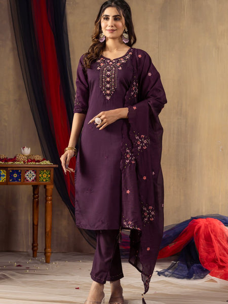 Wine Color Embroidery Thread Work Designer Salwar Suit