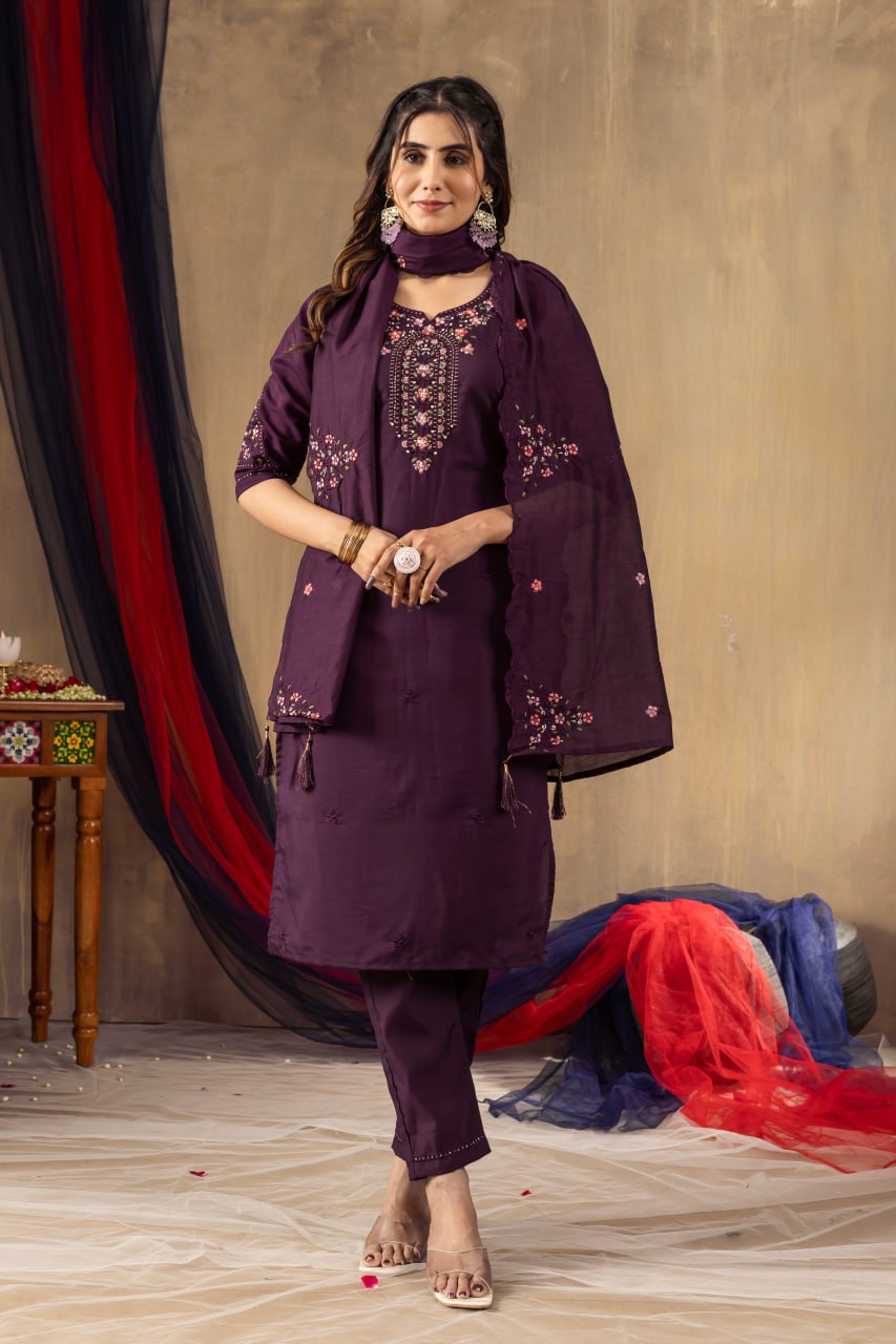 Wine Color Embroidery Thread Work Designer Salwar Suit