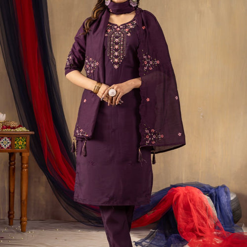Wine Color Embroidery Thread Work Designer Salwar Suit