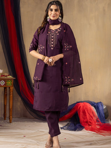 Wine Color Embroidery Thread Work Designer Salwar Suit