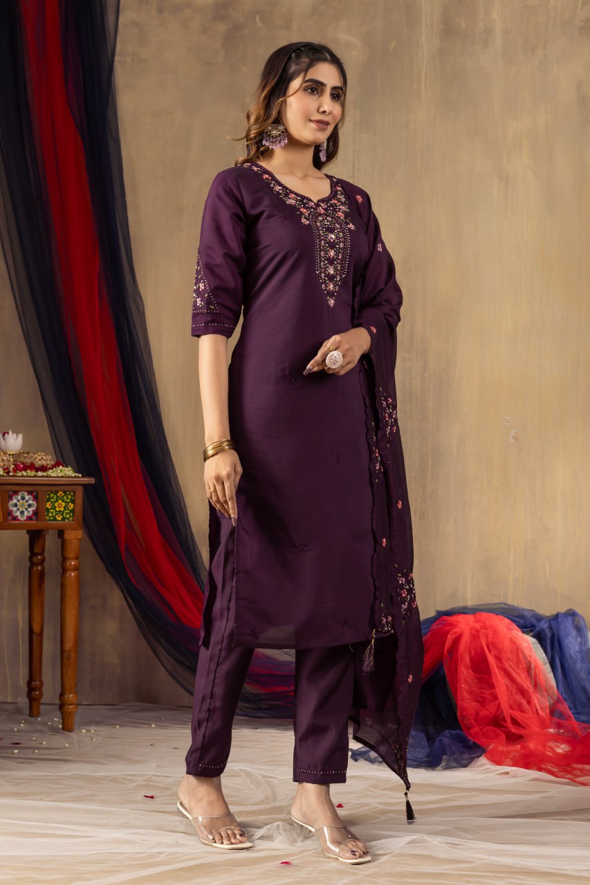 Wine Color Embroidery Thread Work Designer Salwar Suit