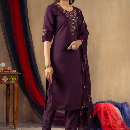 Wine Color Embroidery Thread Work Designer Salwar Suit