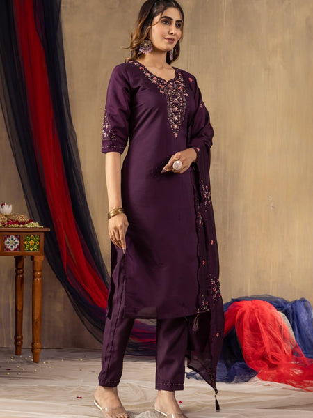 Wine Color Embroidery Thread Work Designer Salwar Suit