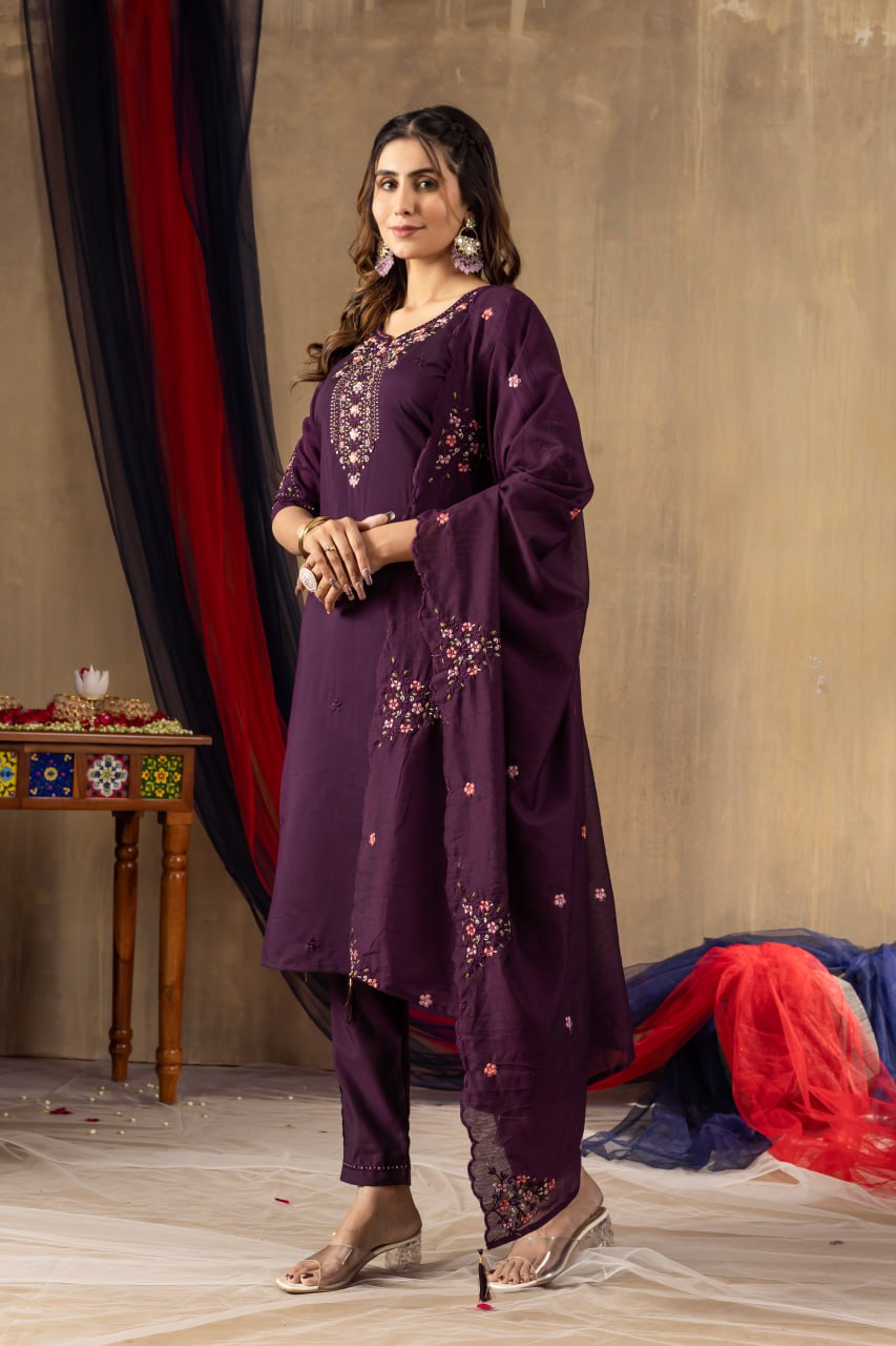 Wine Color Embroidery Thread Work Designer Salwar Suit
