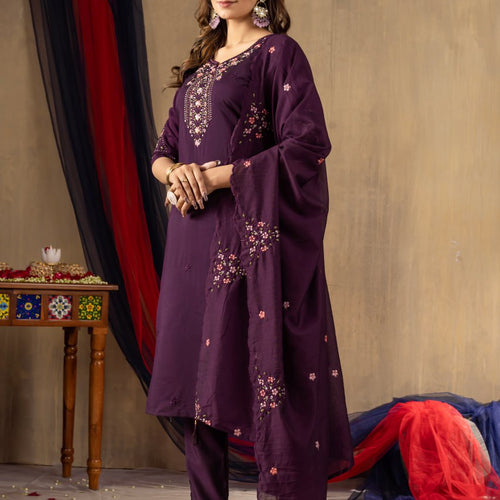 Wine Color Embroidery Thread Work Designer Salwar Suit
