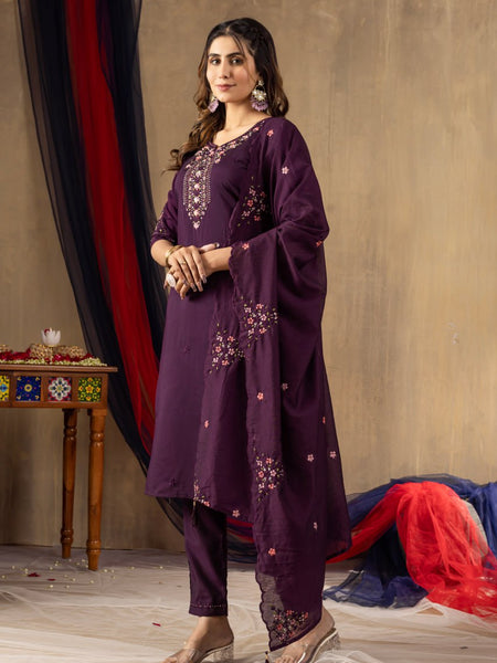 Wine Color Embroidery Thread Work Designer Salwar Suit
