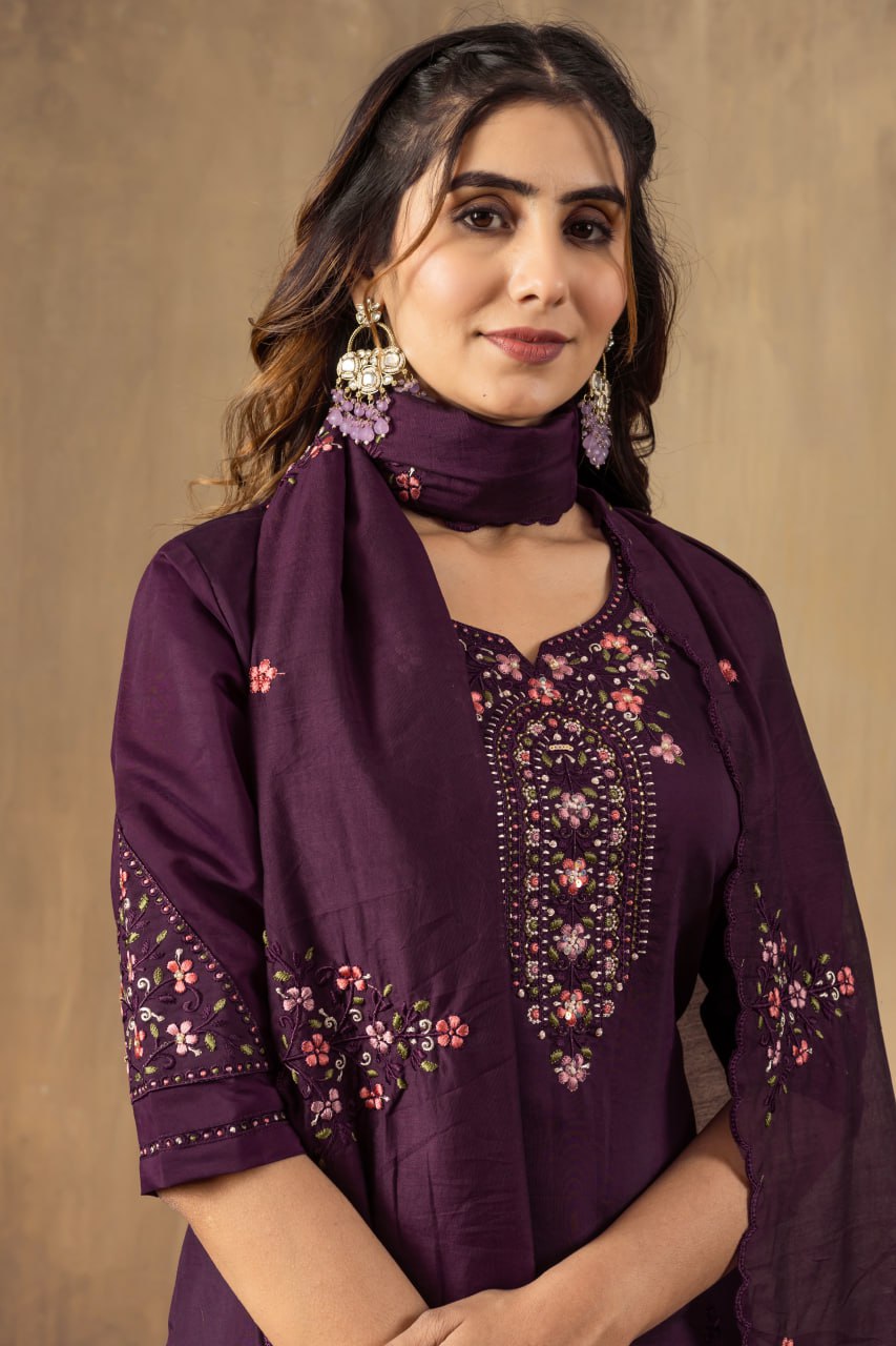 Wine Color Embroidery Thread Work Designer Salwar Suit