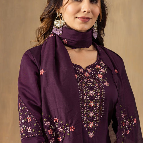 Wine Color Embroidery Thread Work Designer Salwar Suit