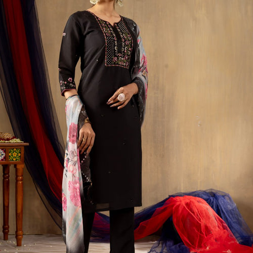 Black Color Embroidery Thread Work Designer Salwar Suit
