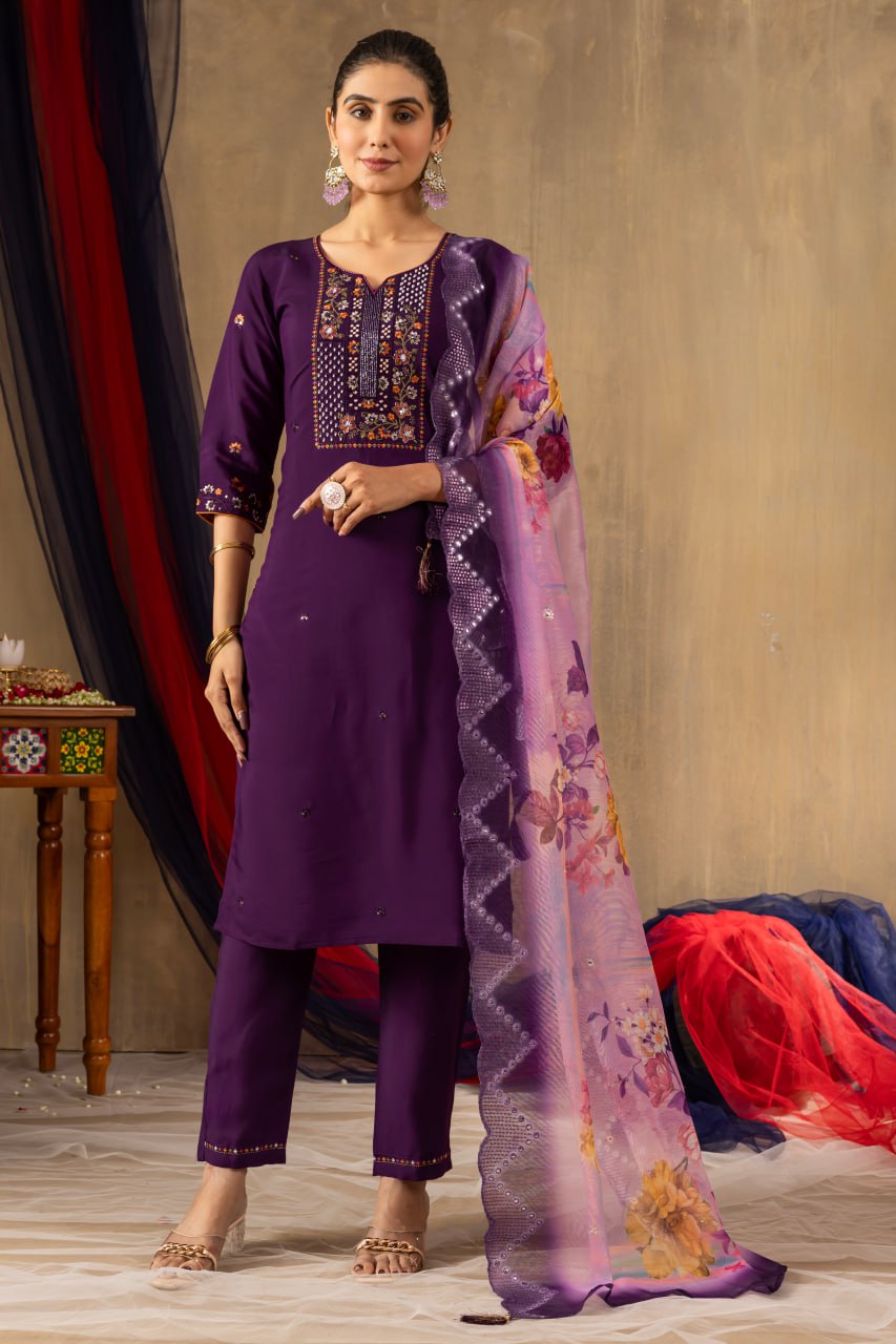Purple Color Embroidery Thread Work Designer Salwar Suit