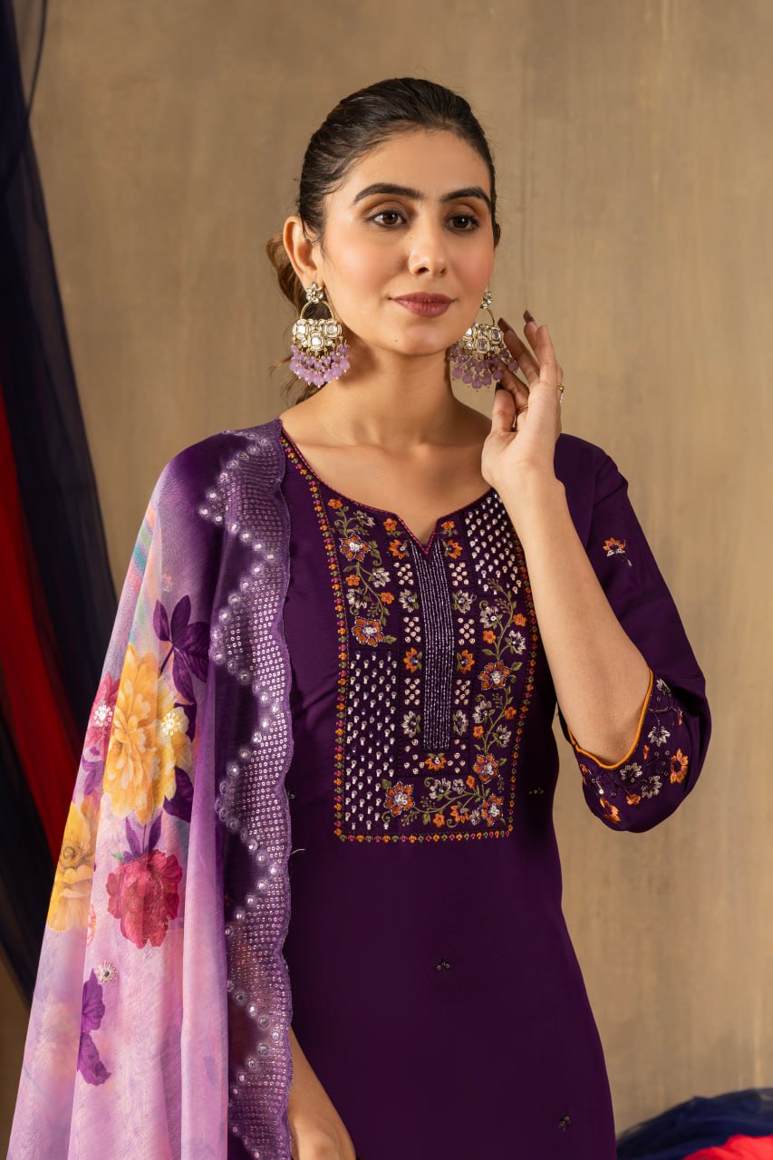 Purple Color Embroidery Thread Work Designer Salwar Suit