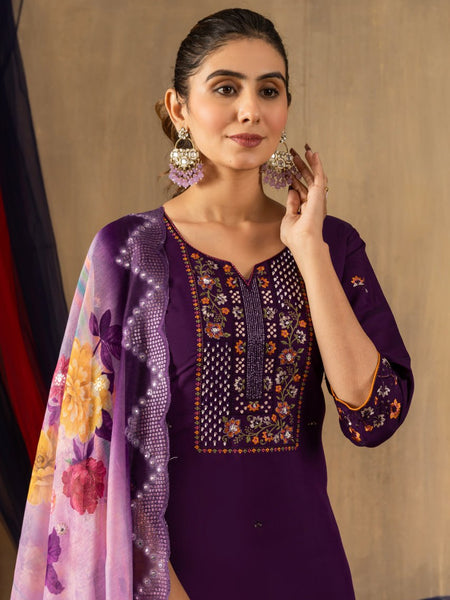 Purple Color Embroidery Thread Work Designer Salwar Suit