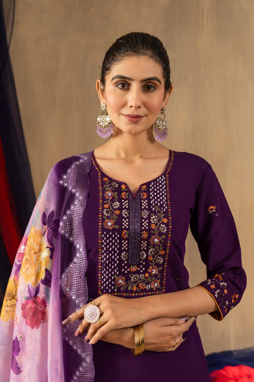 Purple Color Embroidery Thread Work Designer Salwar Suit