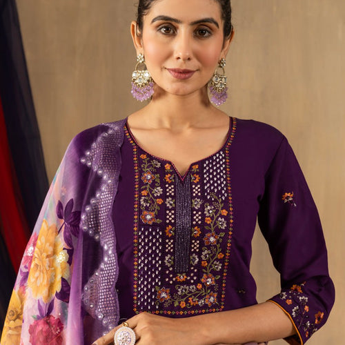 Purple Color Embroidery Thread Work Designer Salwar Suit