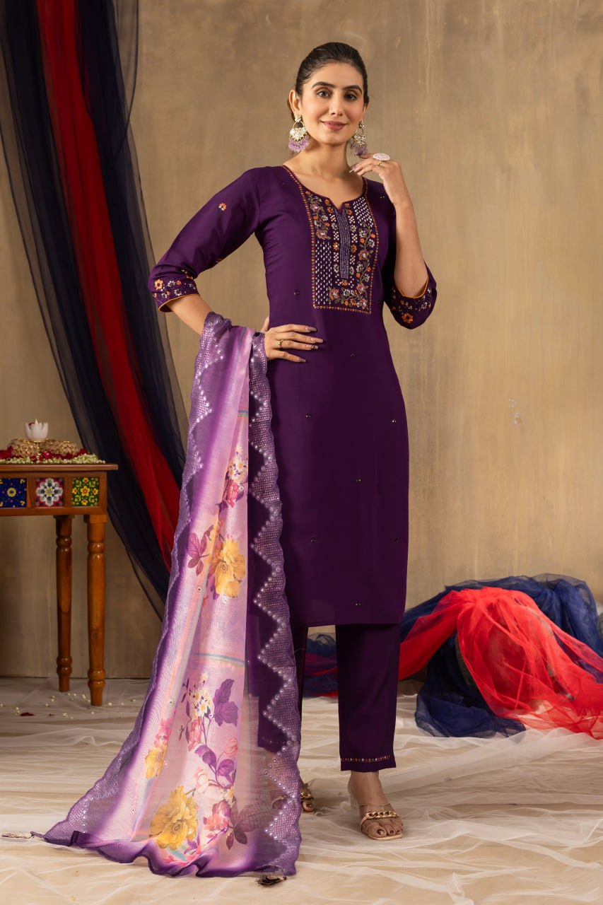 Purple Color Embroidery Thread Work Designer Salwar Suit