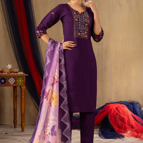 Purple Color Embroidery Thread Work Designer Salwar Suit