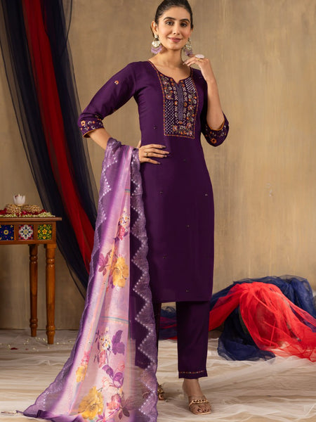 Purple Color Embroidery Thread Work Designer Salwar Suit