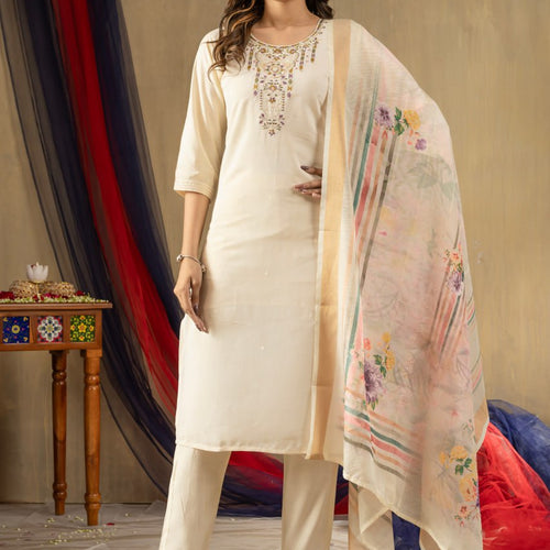 Off-white Color Embroidery Thread Work Designer Salwar Suit