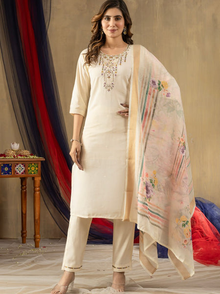 Off-white Color Embroidery Thread Work Designer Salwar Suit