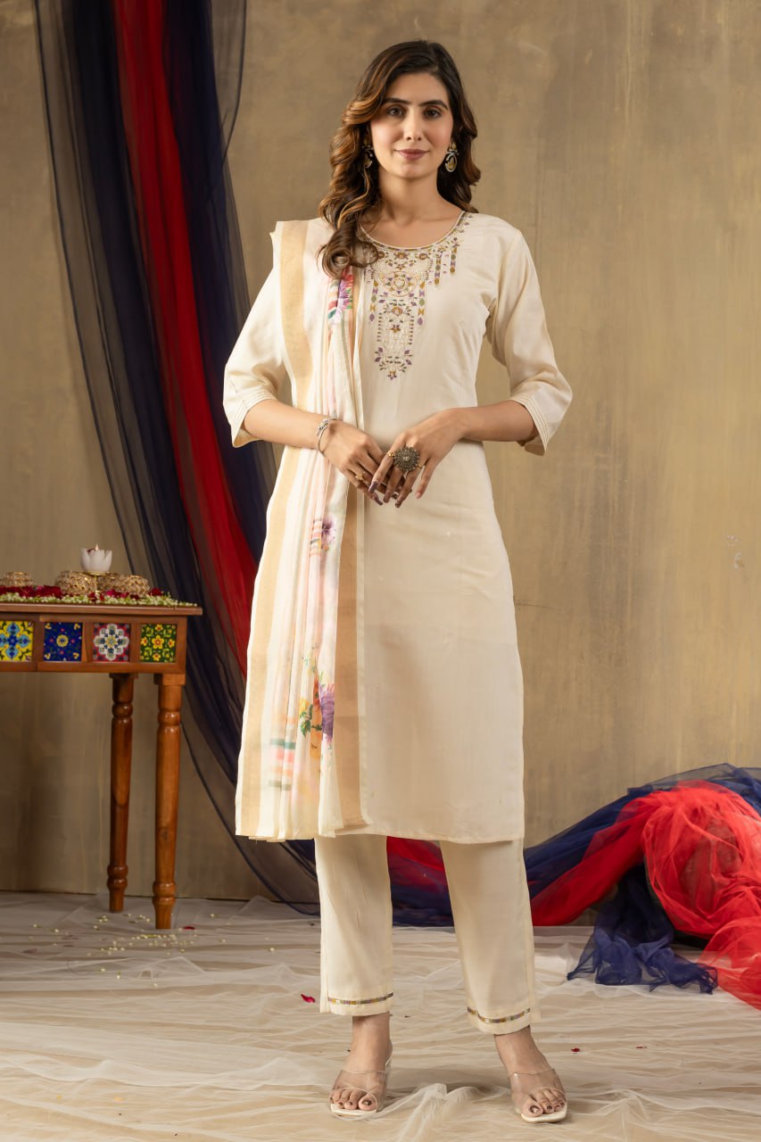 Off-white Color Embroidery Thread Work Designer Salwar Suit