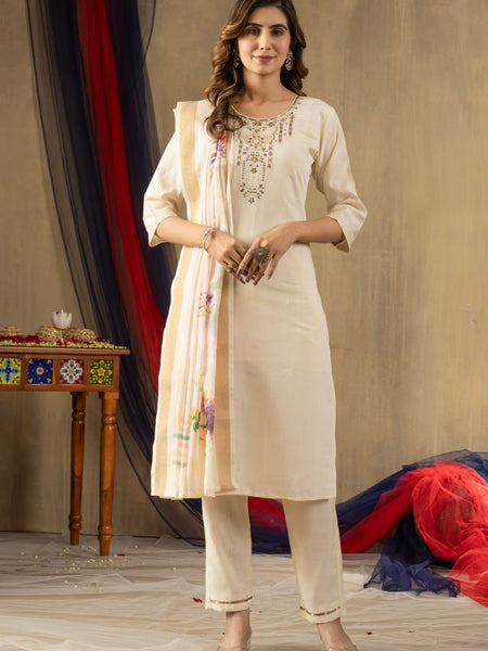 Off-white Color Embroidery Thread Work Designer Salwar Suit