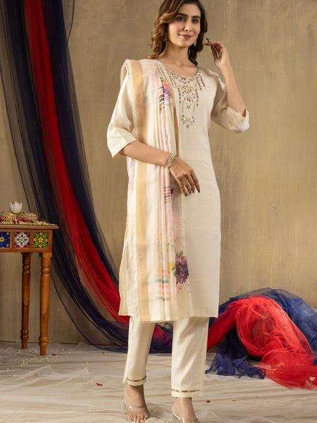 Off-white Color Embroidery Thread Work Designer Salwar Suit