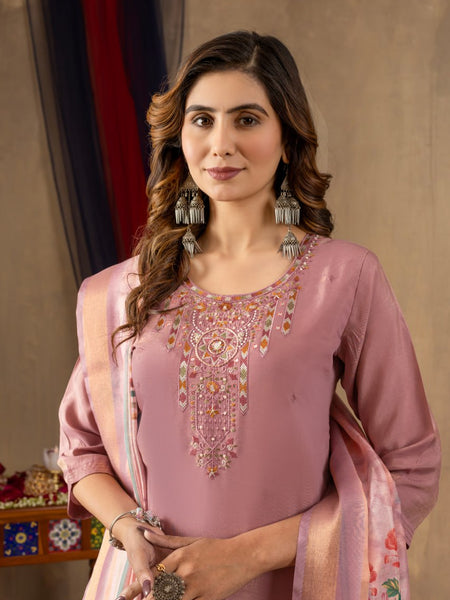 Peach Color Embroidery Thread Work Designer Salwar Suit