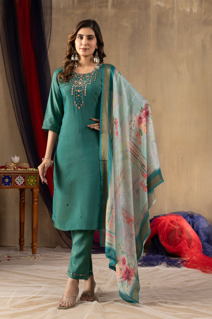 Rama Green Color Embroidery Thread Work Designer Salwar Suit