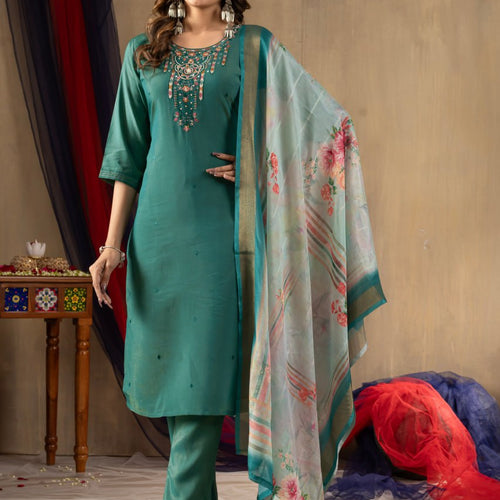 Rama Green Color Embroidery Thread Work Designer Salwar Suit