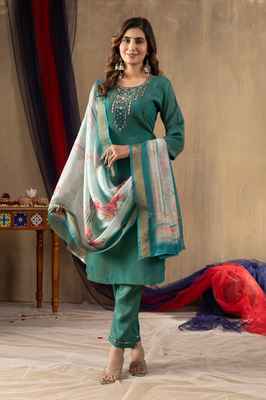 Rama Green Color Embroidery Thread Work Designer Salwar Suit