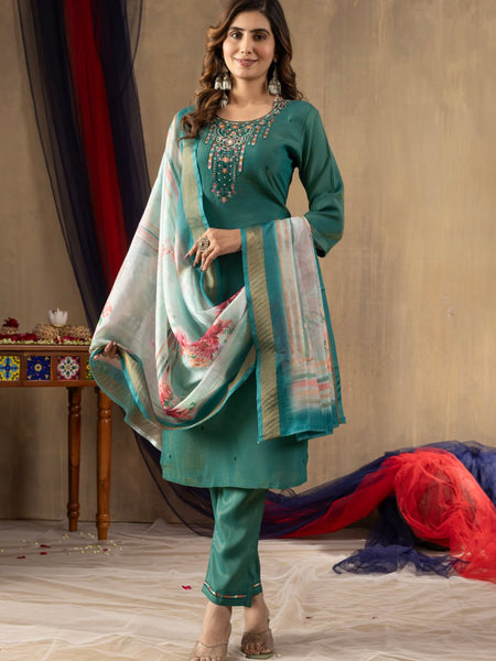 Rama Green Color Embroidery Thread Work Designer Salwar Suit