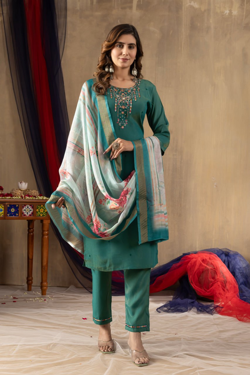 Rama Green Color Embroidery Thread Work Designer Salwar Suit