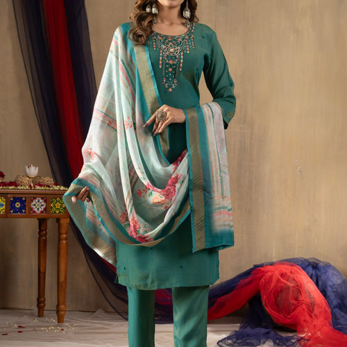 Rama Green Color Embroidery Thread Work Designer Salwar Suit