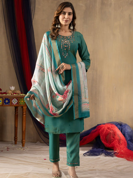 Rama Green Color Embroidery Thread Work Designer Salwar Suit