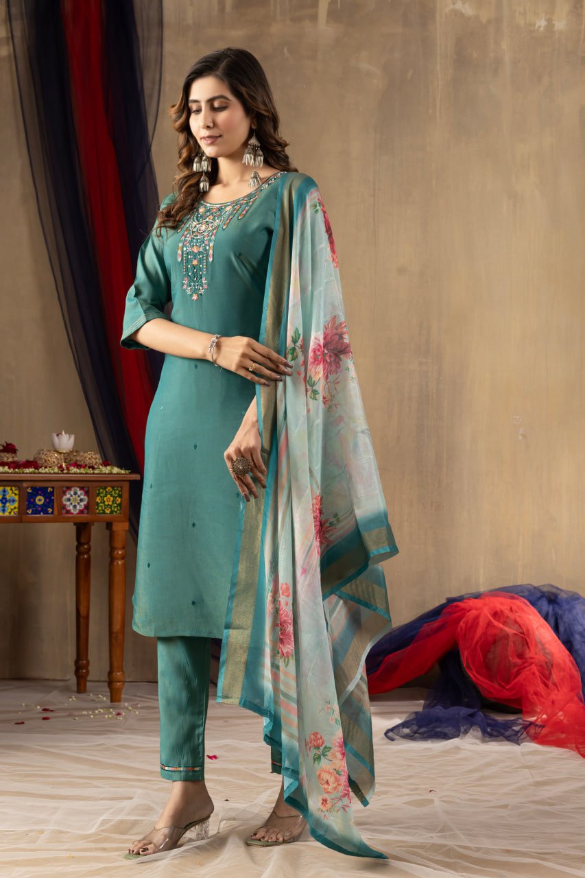 Rama Green Color Embroidery Thread Work Designer Salwar Suit