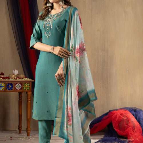 Rama Green Color Embroidery Thread Work Designer Salwar Suit