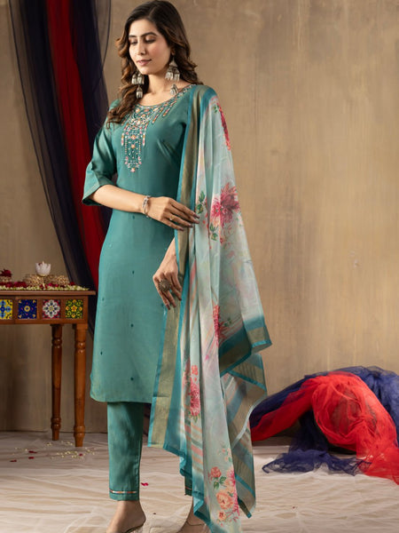 Rama Green Color Embroidery Thread Work Designer Salwar Suit