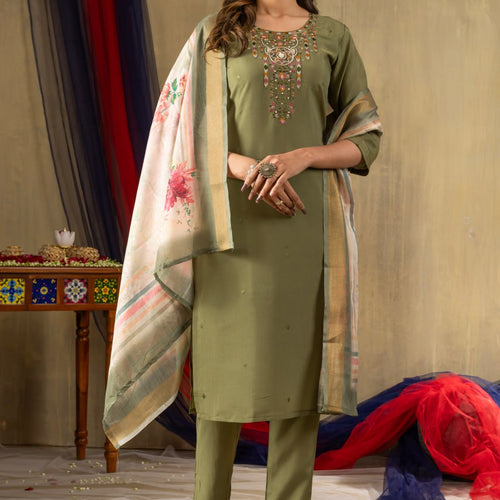 Mahendi Green Color Embroidery Thread Work Designer Salwar Suit