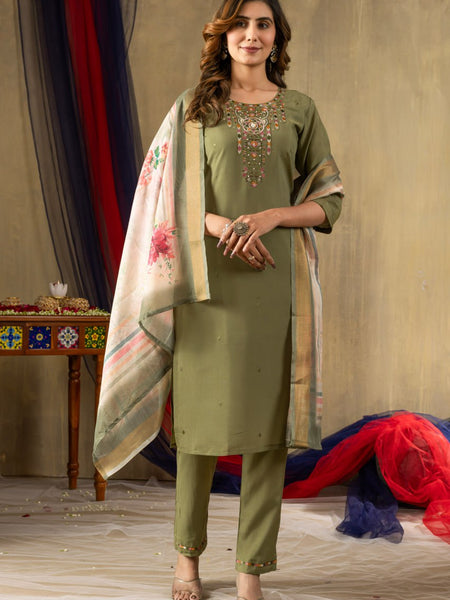 Mahendi Green Color Embroidery Thread Work Designer Salwar Suit