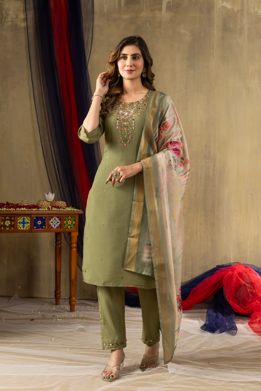 Mahendi Green Color Embroidery Thread Work Designer Salwar Suit
