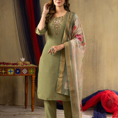 Mahendi Green Color Embroidery Thread Work Designer Salwar Suit