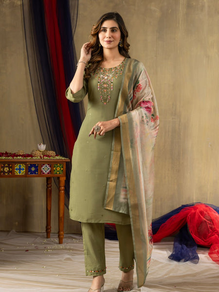 Mahendi Green Color Embroidery Thread Work Designer Salwar Suit
