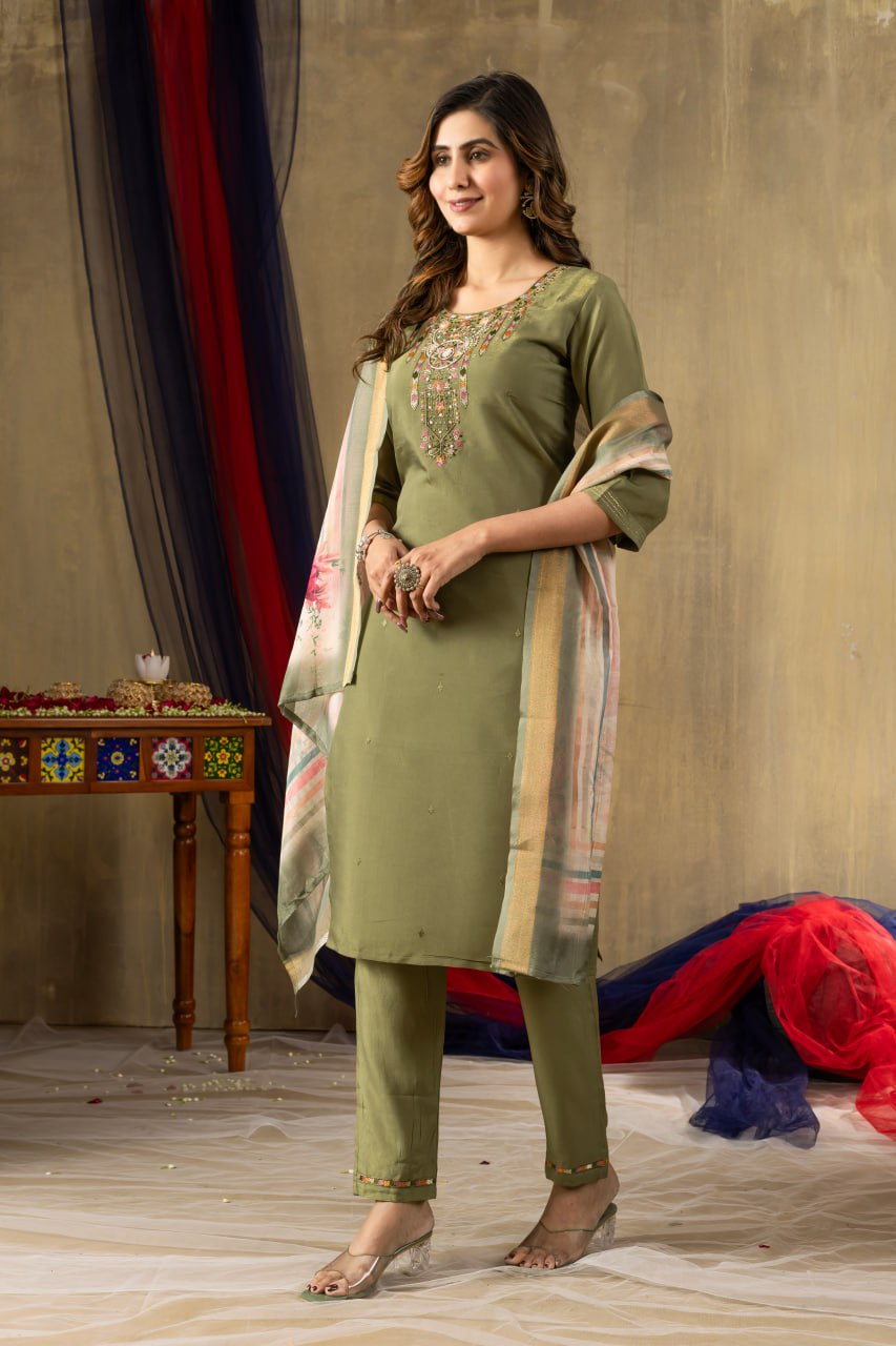 Mahendi Green Color Embroidery Thread Work Designer Salwar Suit