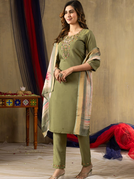Mahendi Green Color Embroidery Thread Work Designer Salwar Suit